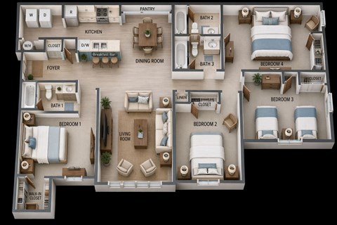 Floor plan for 4 beds, 3 baths, 1454 sqft